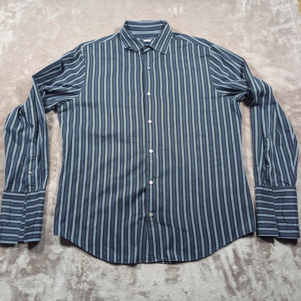 Banana Republic Button Down Shirt Mens L Blue Black Striped Long Sleeve Cotton